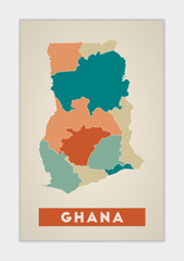 Ghana poster. Map of the country with colorful regions. Shape of Ghana with country name. Superb vector illustration.