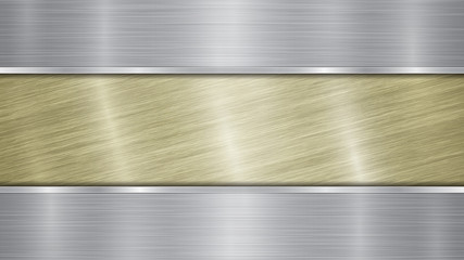 Background consisting of a golden shiny metallic surface and two horizontal polished silver plates located above and below, with a metal texture, glares and burnished edges