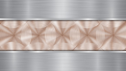Background consisting of a bronze shiny metallic surface and two horizontal polished silver plates located above and below, with a metal texture, glares and burnished edges