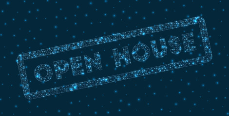 Open house word in digital style. Glowing geometric open house badge. Appealing vector illustration.