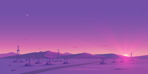 Oil extraction is on an evening landscape of the plain that has mountains on the horizon, the sun behind the mountains, and the road.