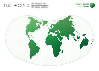 Vector map of the world. Hill eucyclic projection of the world. Yellow Green colored polygons. Stylish vector illustration.