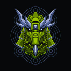 Mecha head samurai with sacred geometry pattern