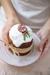 Easter cake. Beautiful Easter cake with decor on a wooden background. 