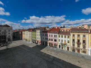 Empty Lviv streets during COVID-19 Quarantine. View on Lviv Market square from drone