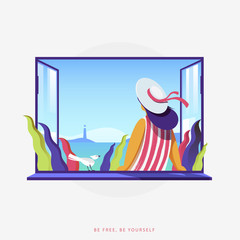 Young woman sitting on the window alone.