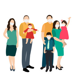 vector, isolated, crowd of people in medical masks, parents and children
