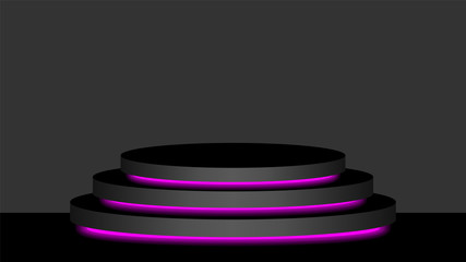 circle pedestal 3d black and purple light neon lamp glowing, cosmetics display modern and led light, podium stage show for position decor violet fluorescent glow light, pedestal box for product place
