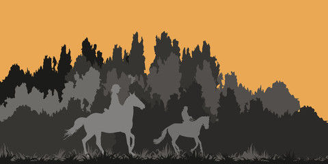 isolated silhouettes of riders against the dark forest