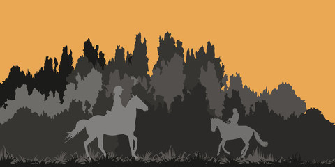 Obraz na płótnie Canvas isolated silhouettes of riders against the dark forest