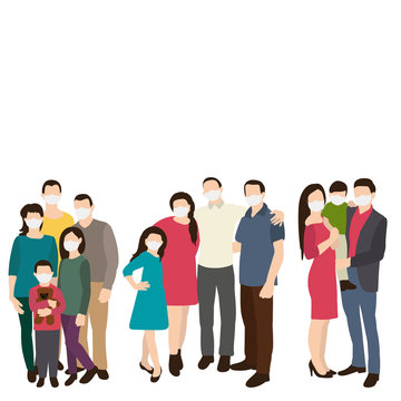 vector, isolated, crowd of people in medical masks, family, children