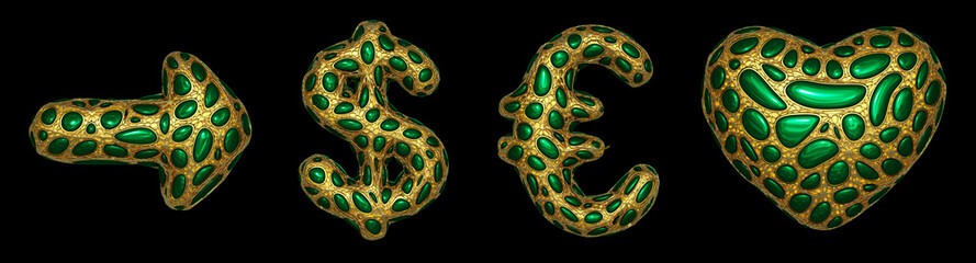 Fototapeta premium Set of symbols right arrow, dollar, euro, heart made of realistic 3d render golden shining metallic.