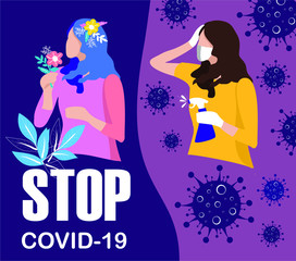 Stop COVID-19 coronavirus, illustration of women in a medical face mask.