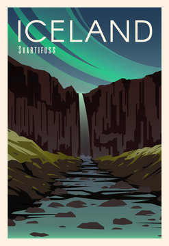 Svartifoss, river. Time to travel. Around the world. Quality vector poster. National park Skaftafell.
