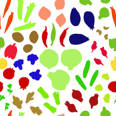 Seamless pattern with vegetables. Isolated on white background. Multi colored silhouettes of vegetables. Food backdrop. Simple design for textile, wallpaper, fabric. Kitchen vector illustration.