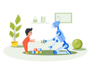 Man sitting at the dining table. Satisfied robot carries a tray of food and drink.