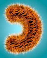 Tiger hebrew alphabet and number 3D rendering of funny fur font isolated on blue background. Halloween concept. 3d illustration