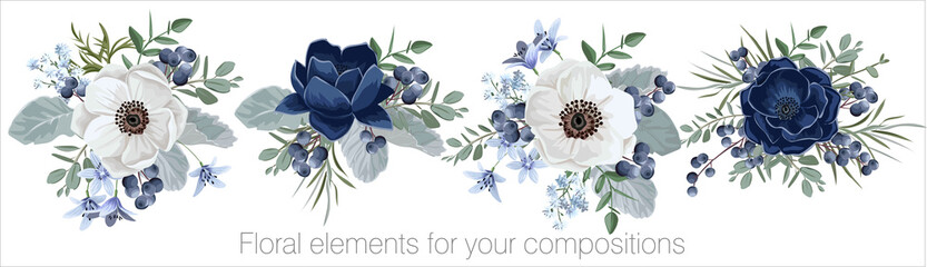 Vector floral set with leaves and flowers. Elements for your compositions, greeting cards or wedding invitations. Blue and white anemones