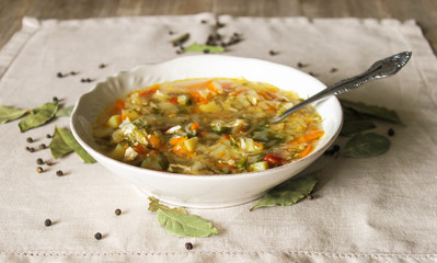Russian Traditional cabbage, meat soup Shchi on white plate on natural wooden table background