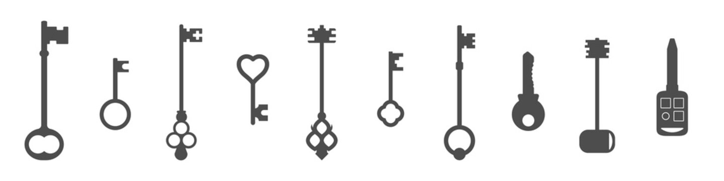 A set of vintage and modern keys. Silhouette vector illustration.