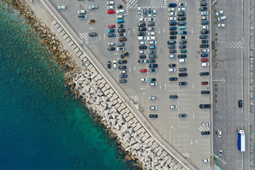 Parking in the port of nice for loading on the ferry. Cote d 'azur aerial photography. Top view.