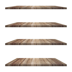 4 Wood shelves table isolated on white background and display montage for product.