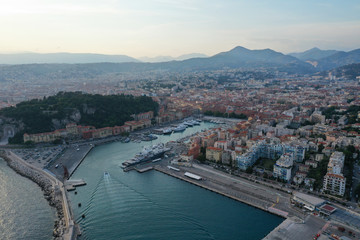 Beautiful view of the port of nice at sunset. Cote d 'azur aerial photography . French Riviera.
