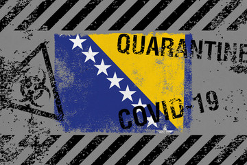Flag of Bosnia and Herzegovina on grunge quarantine background with COVID-19 and QUARANTINE symbols on it. Novel Coronavirus (2019-nCoV) concept, for an outbreak occurs in Bosnia and Herzegovina.