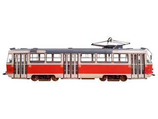 Red tram isolated on white - obrazy, fototapety, plakaty
