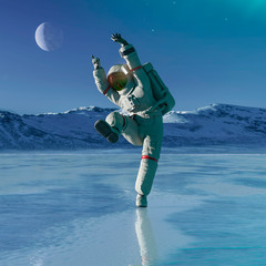 astronaut in another planet is dancing on the ice lake © DM7