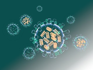 3D illustration of various transparent glass viruses showing inside. Floating on a green, blue, organic background.