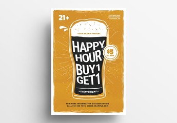 Happy Hour Advertisement Layout with Large Beer Illustration