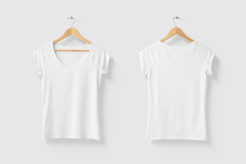 Blank White Women's T-Shirt Mock-up on wooden hanger, front and rear side view. High resolution.
