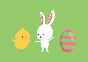 Easter bunny and chicken with painted egg vector. Easter greeting card with copy space for text. Pink and green easter egg vector. Easter icon set. Cute chick and bunny vector