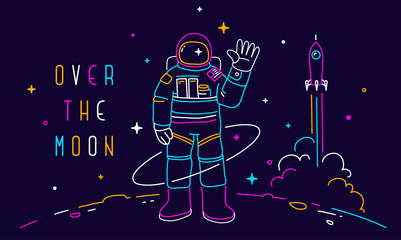 Vector creative neon illustration of astronaut exploring outer space on dark background with star and rocket. Cosmonaut in spacesuit making spacewalk on moon. © wowomnom