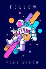 Vector fashion illustration of cosmonaut in spacesuit exploring outer space with color line. Astronaut making spacewalk on dark background with star.