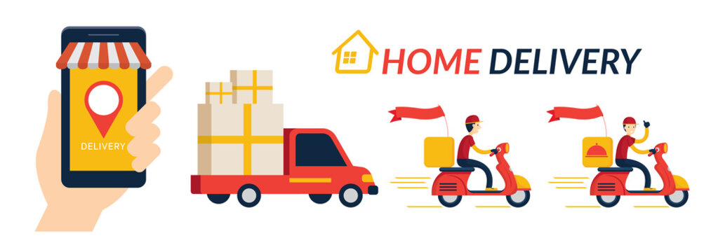 Home Delivery Service, Online Shopping, Send by Truck and Scooter or Motorcycle