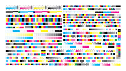 CMYK print test control scales. Vector set color bar CMYK and test chart offset. Print control strips color cmyk for prepress and print.