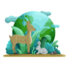 Animals and nature. Roe deer and hare on the background of plants and land. World Wildlife Day, Save the Earth, Earth Day, Green day concept. Design for greeting cards, poster. Vector illustration.