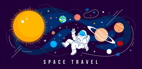 Vector creative illustration of cosmonaut in spacesuit exploring outer space with planet of solar system and sun. Astronaut flying in zero gravity on dark background. © wowomnom