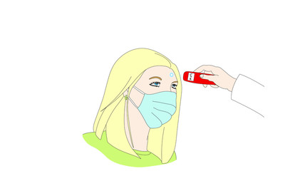 Young woman's temperature tested with a fever thermometer. She has a fever of 39 degrees. She wears a surgical face mask and does not look happy. Corona virus.