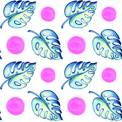 Fototapeta na wymiar Seamless pattern of Monstera leaf and bright, pink spots on a white background, creates a summer mood. For printing on fabric, printed products.