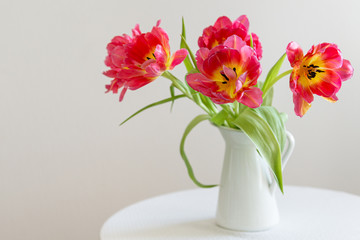 Fresh red tulip flowers bouquet in a white vase on white background. Copy space. Valentine Day, Mothers day, birthday concept. Side view