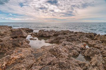 Mediterranean Coast Stones next to "Torre Vigia Las Palomas" in Málaga. Costa del Sol. Spain.