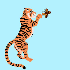 Fototapeta na wymiar A tiger is playing with a butterfly. Vector graphics