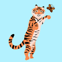 Fototapeta na wymiar A tiger is playing with a butterfly. Vector graphics