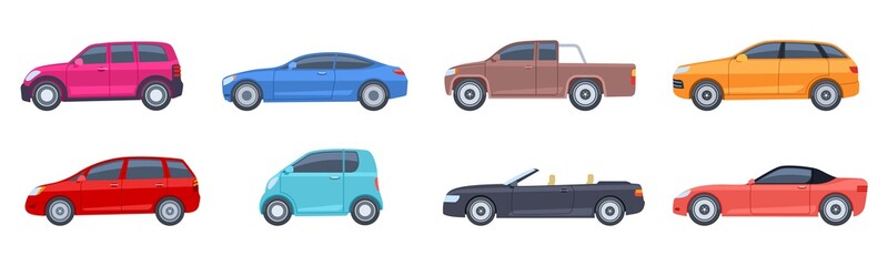 Flat cars. View side automobiles model. Contemporary suv and hatchback, pickup and sedan. Isolated vector icons. Automobile side car, transportation comfortable cabriolet or coupe model illustration