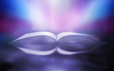 Imagine a picture book of an ancient book opened on a wooden table with a sparkling golden...