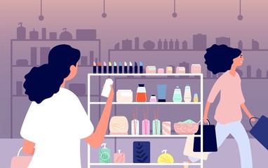 Cosmetics shop. Eco skincare, nature product makeup. Woman choose beauty and skin caring products. Buyer shop assistant vector illustration. Bottle lotion body, packaging makeup and shampoo in store