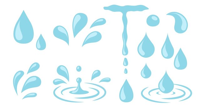 Water drops. Cartoon tears, nature splash elements. Isolated raindrop or sweat, wet droplets of dew shapes. Isolated aqua vector icons. Rain and wet drop, droplet shape aqua blue illustration